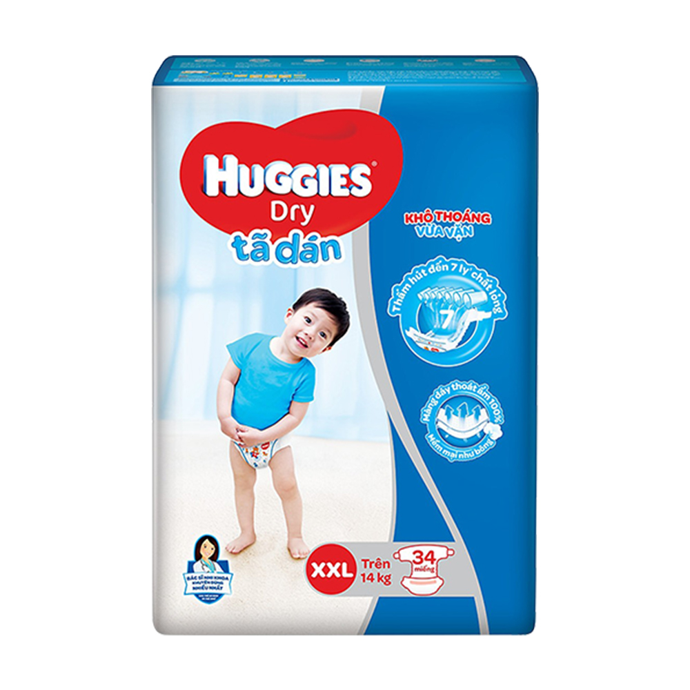 Tã dán Huggies Dry Jumbo XXL 34 (Trên 14kg) - Gói 34 miếng