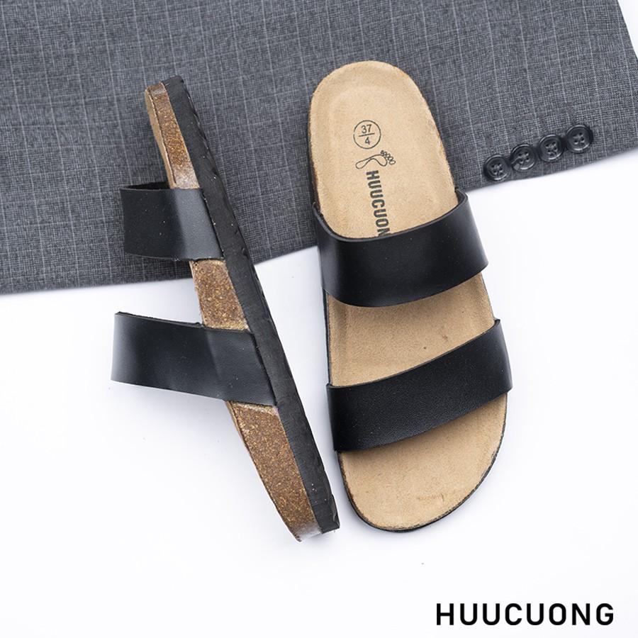 Dép unisex HuuCuong 2 quai pu đen đế trấu