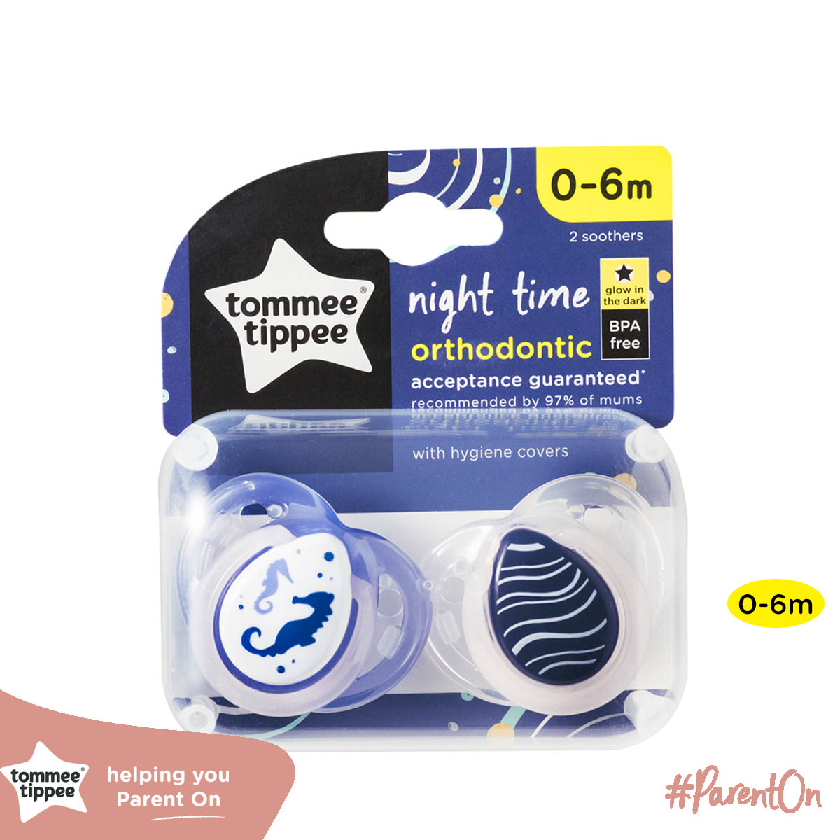 Ty ngậm dạ quang cho bé Tommee Tippee Night Time 0-6 tháng (vỉ đôi) - Cá Ngựa