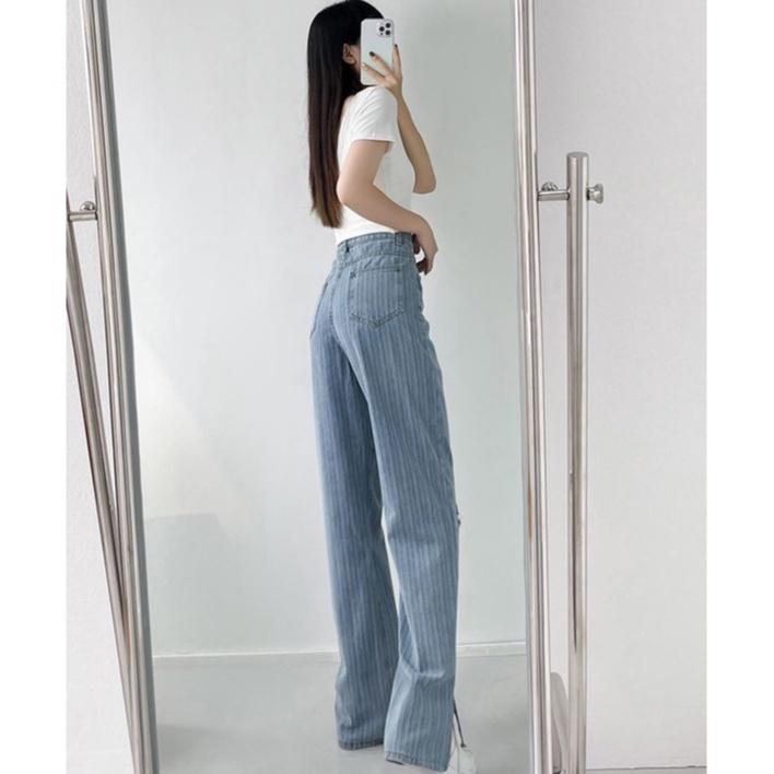 【Cocory】Women Korean Retro High waist Fork Loose Casual Straight Thin All Match Hole Jeans