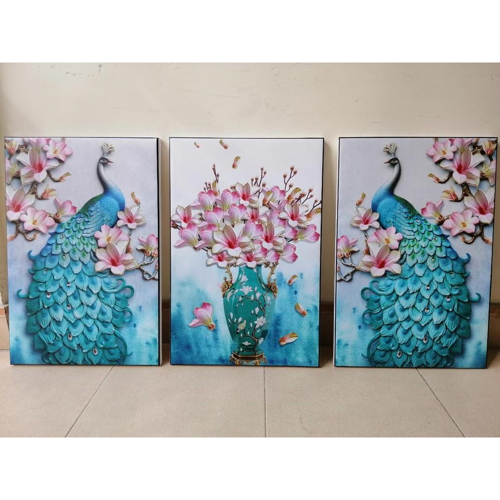 Bộ ba tranh treo tường, tranh canvas cao cấp ba bộ công xanh