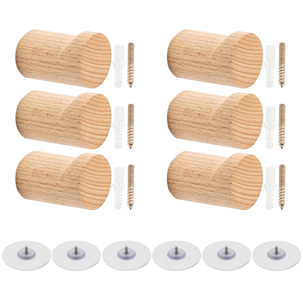6 PCS Decorative Wall Hooks Kitchen Bathroom Door Wooden Hooks Light Brown
