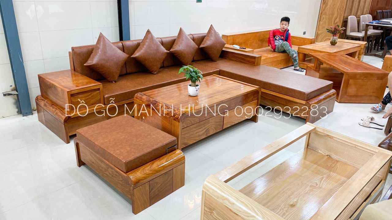 Bộ bàn ghế sofa góc gỗ hương 2m8m x 2m