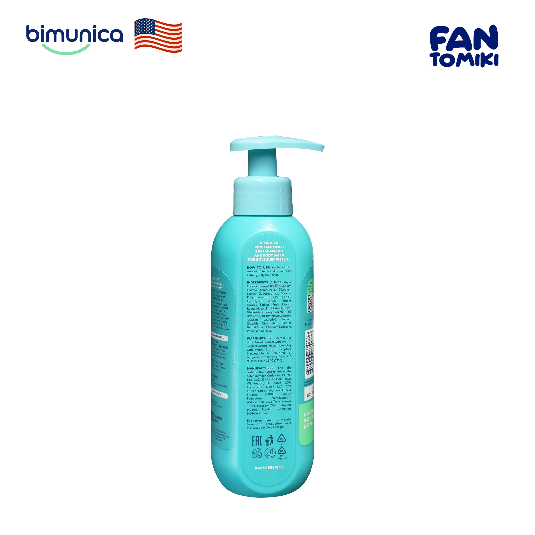 Sữa Tắm Gội 2in1 BIMUNICA Fantomiki Cho Bé Trai từ 3 Tuổi - 250ml Không Cay Mắt, Làm Sạch, Làm Mềm