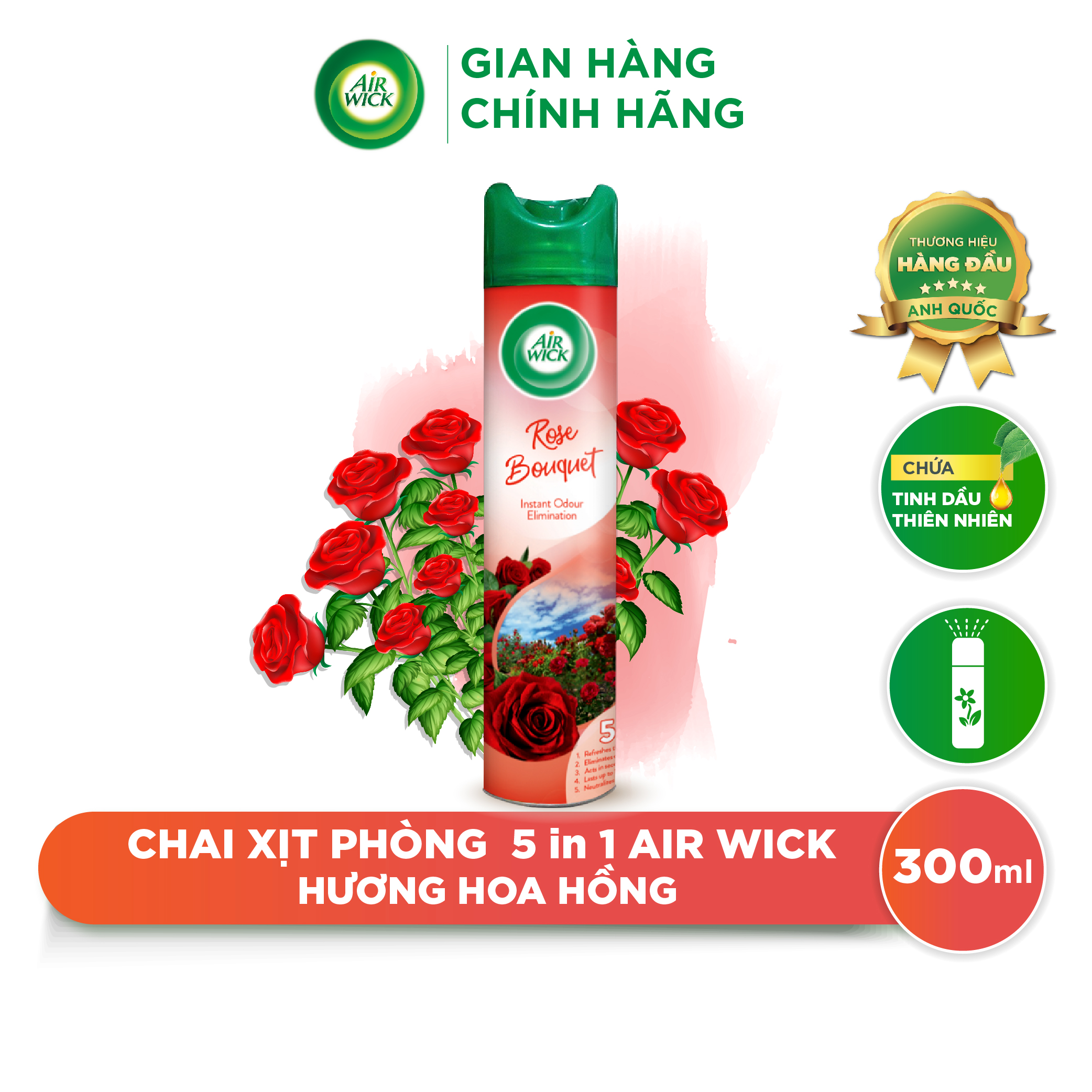 Chai xịt thơm phòng hương hoa hồng AIRWICK ngọt ngào, quyến rũ, vòi xịt thông minh giúp tỏa hương dễ dàng 300ml