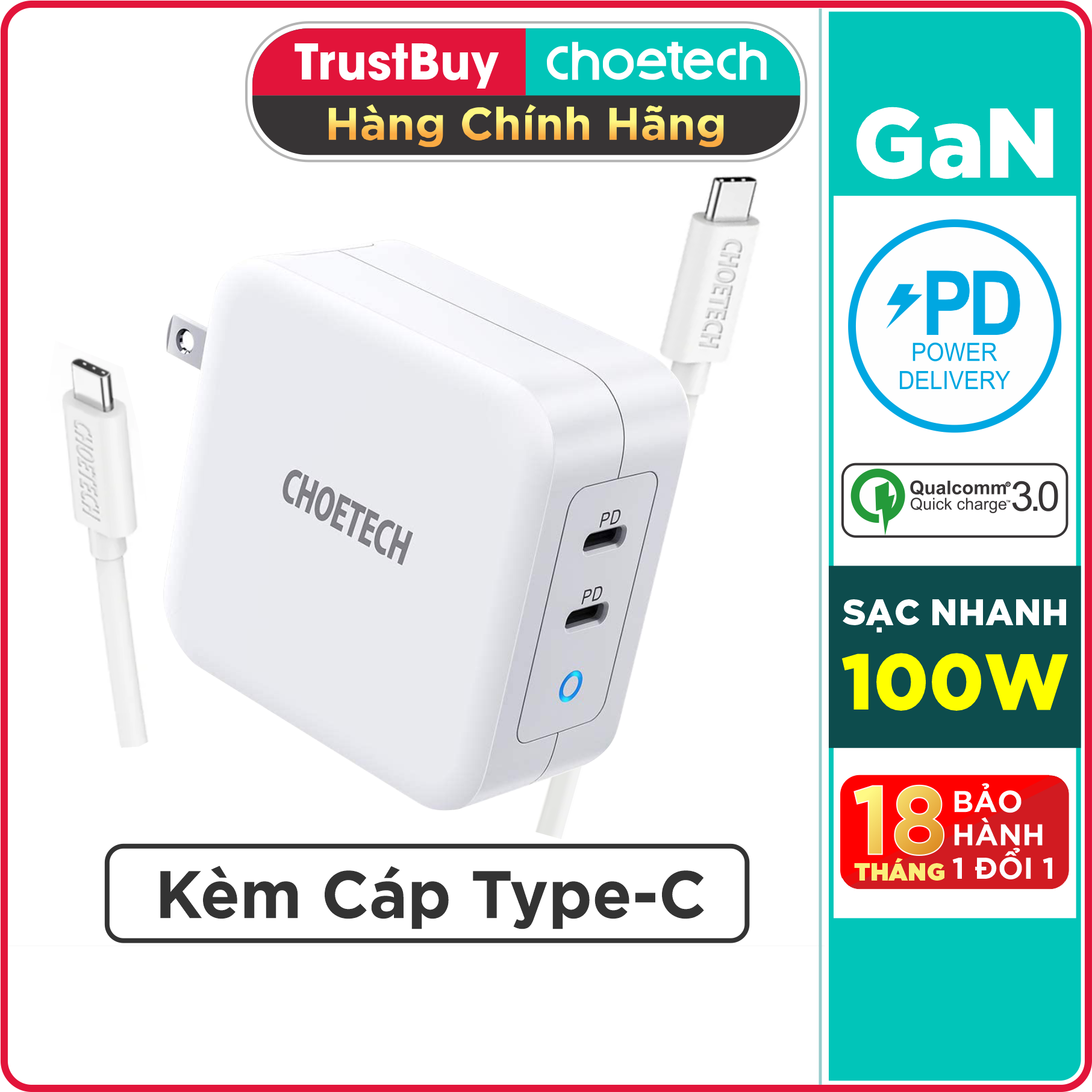 Adapter Củ Sạc 100W 2 Cổng Type C cho Macbook, Laptop, Smartphone CHOETECH PD6008 Kèm Dây Cáp Type C to C 100W - Hàng Chính Hãng