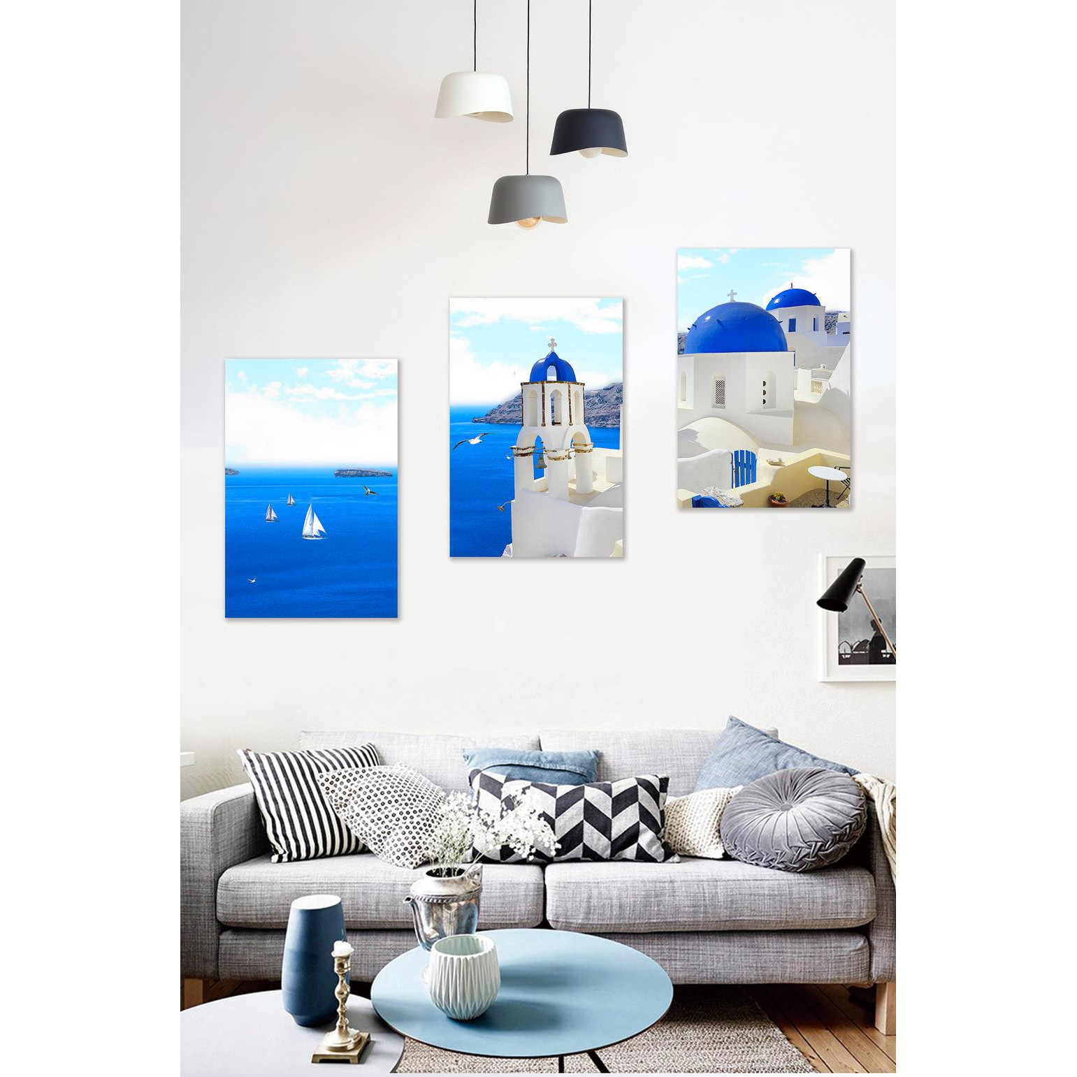 Bộ 3 tranh treo tường trên nền canvas cảnh biển Santorini Hy Lạp tuyệt đẹp trang trí phòng khách nhiều kích cỡ