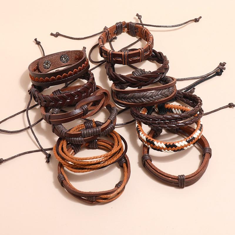 Bộ 12 Vòng Đeo Tay Da Cá Tính Màu Nâu Handmade