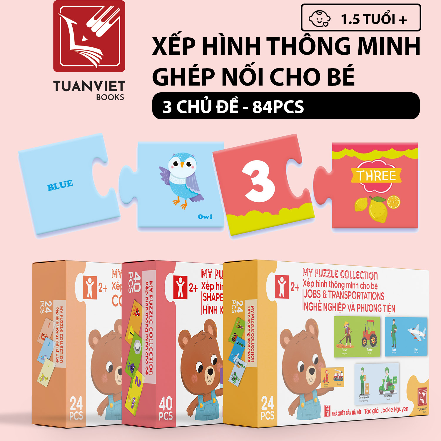 Bộ xếp hình Ghép Nối Thông Minh Cho Bé 1,5 tuổi + | 3 Chủ đề: Màu sắc, Số đếm- Hình Khối, Nghề nghiệp (Song ngữ Việt - Anh)