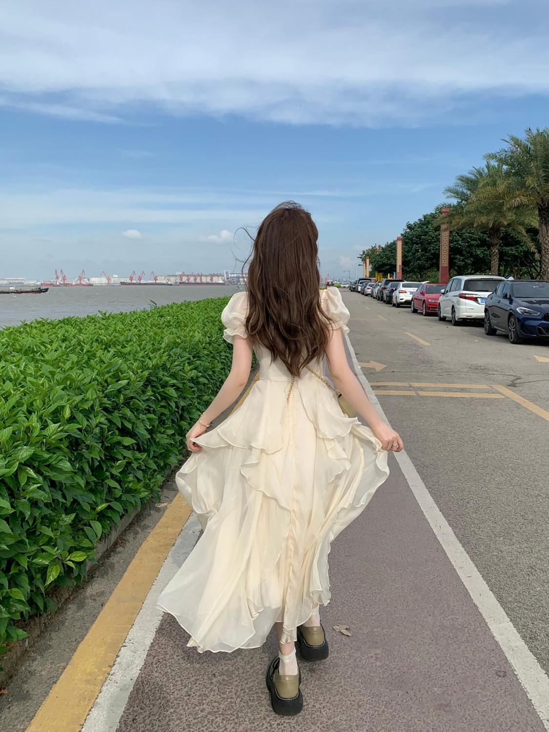 SHUANGYAN Phong cách Pháp cổ vuông nhẹ nhàng Fairy Wind Dress cho phụ nữ mùa hè 2023 Thắt lưng cho phụ nữ