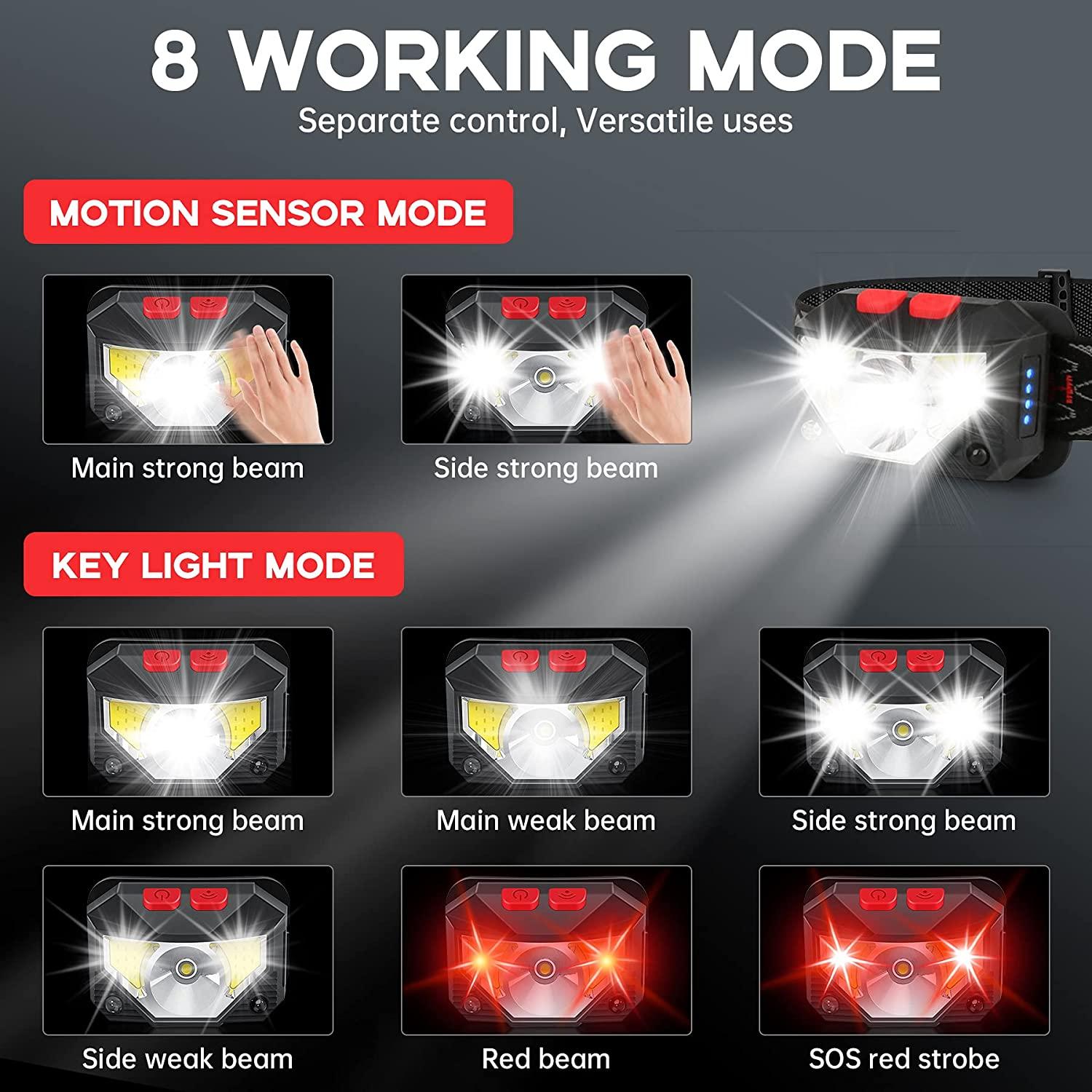 Đèn pha LED, đèn cảm biến chuyển động siêu sáng 2 mảnh, đèn pha 1000 Lumen 10 chế độ 1200mAh có thể sạc lại USB, đèn pin chống nước, cắm trại, đi bộ đường dài, câu cá, làm việc