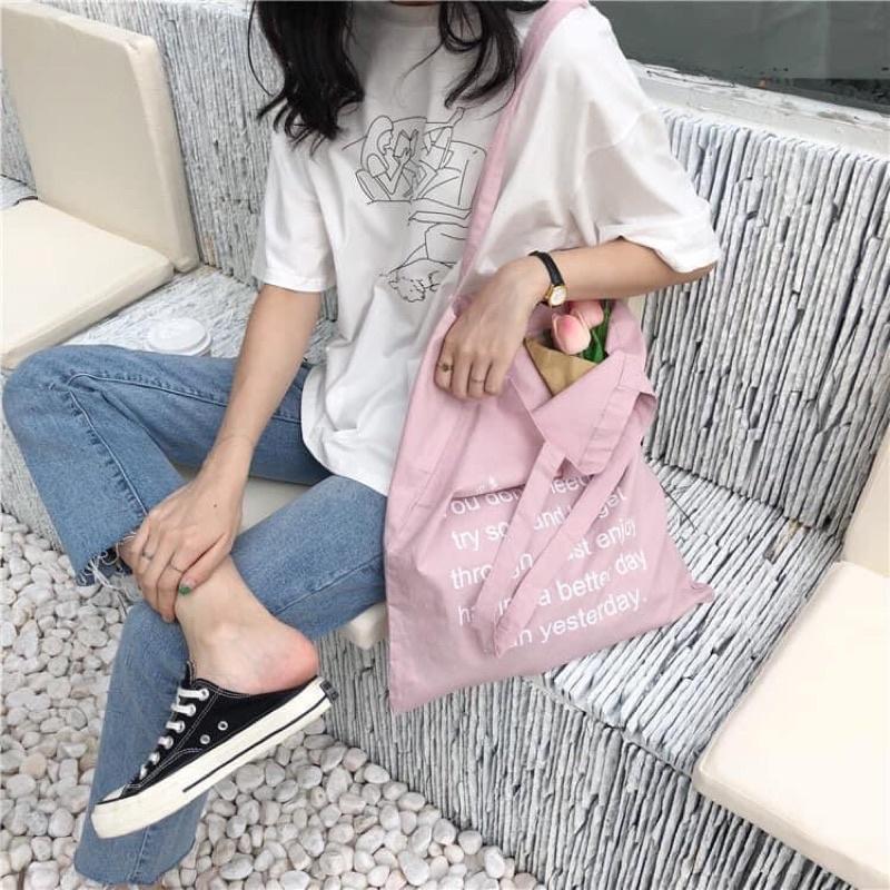 Túi Tote Túi Vải Canvas chữ Pink siêu đẹp phong cách Hàn Quốc có ngăn phụ