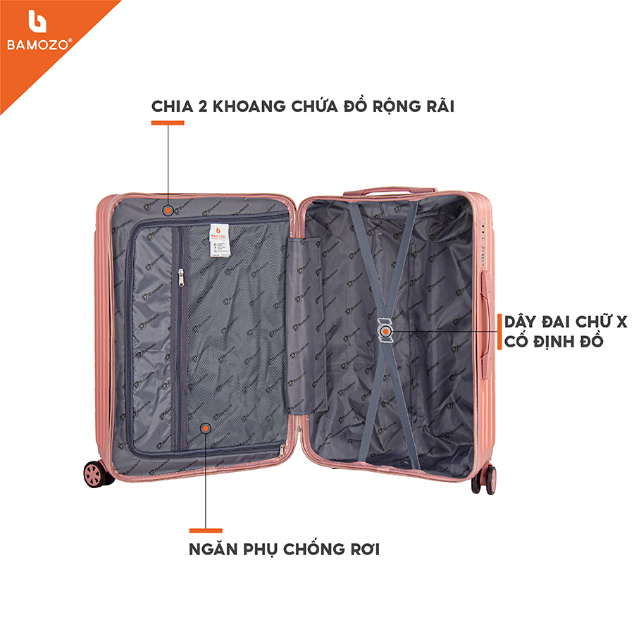 Vali du lịch BAMOZO 8809 MÀU BẠC size 20/24/28 , vali kéo nhựa bảo hành 5 năm