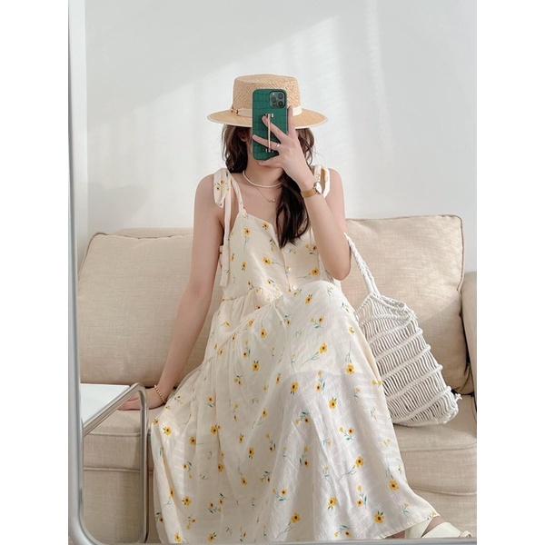 Váy Đầm Hai Dây Bản To Dáng Dài Hoa Nhí Vintage Cúc Ngực