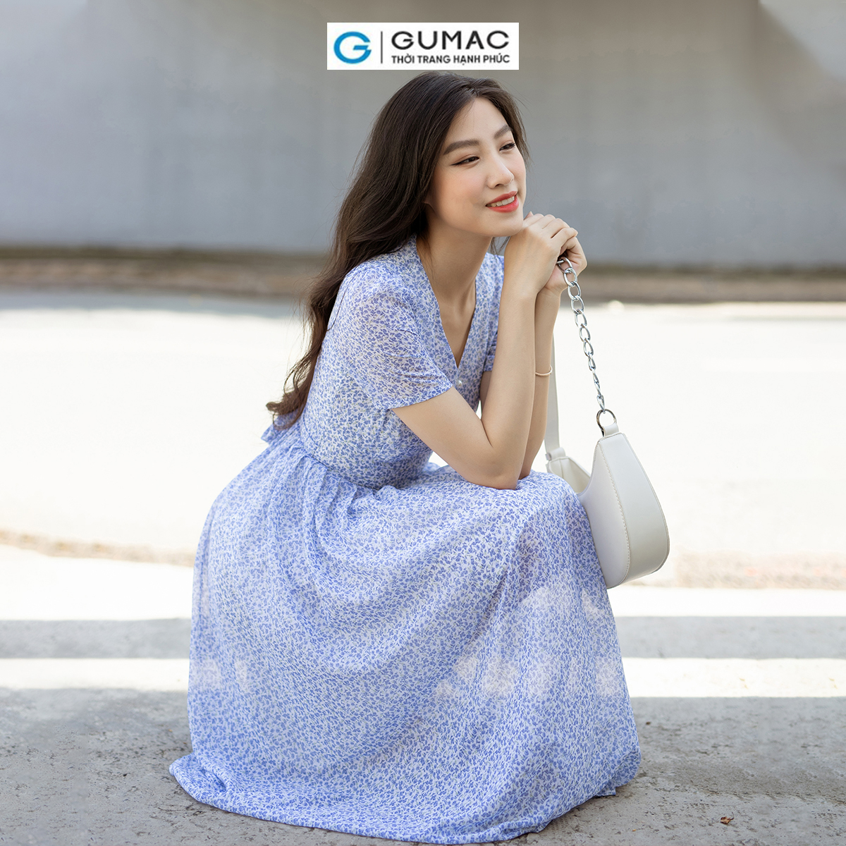 Đầm xòe voan hoa nhí xếp ly cột dây nơ nữ tính thanh lịch thời trang GUMAC DD07030
