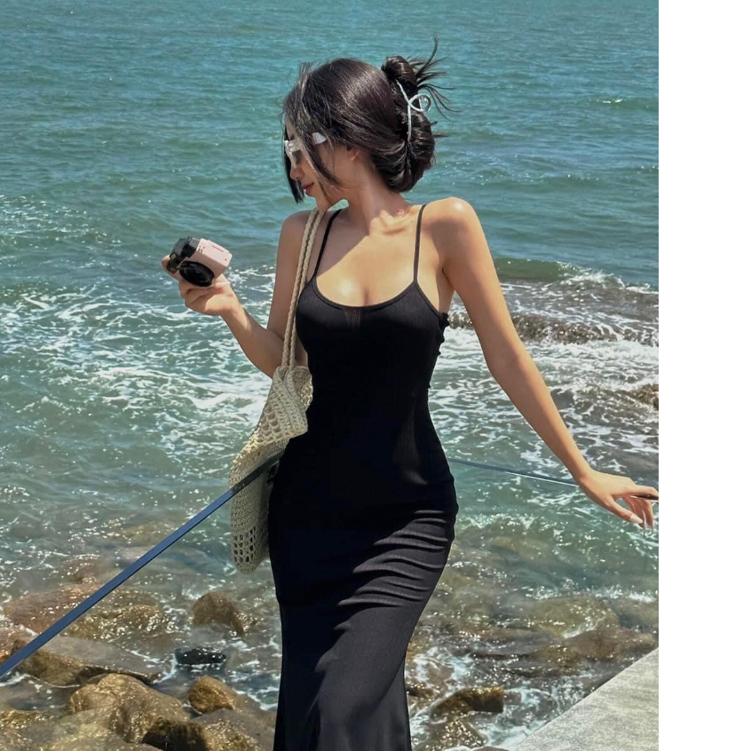 Đầm 2 dây body maxi đi biển hở lưng, váy nữ đuôi cá đan lưng