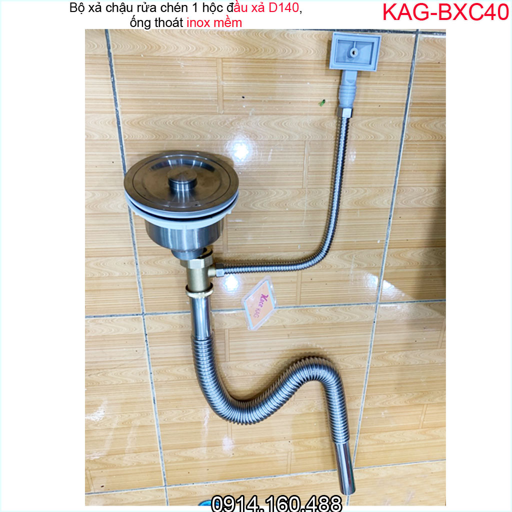 Bộ xả chậu rửa chén 1 hố inox 304 KAG-BXC40 chậu lỗ thoát D140, bộ ống thoát bồn rửa bát 1 hộc to chất liệu SUS304 siêu bền thoát nước nhanh sử dụng tốt