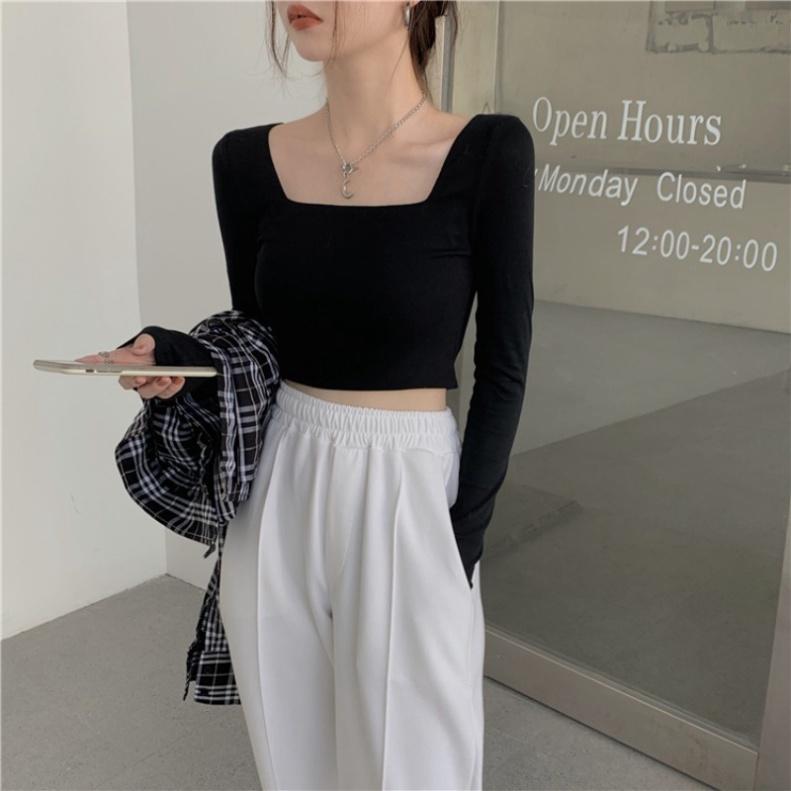 Áo croptop nữ ôm body cổ vuông tay dài, Croptop Nữ trơn màu dài tay cổ vuông, Áo crt nữ siêu ôm dáng-ACTDT01