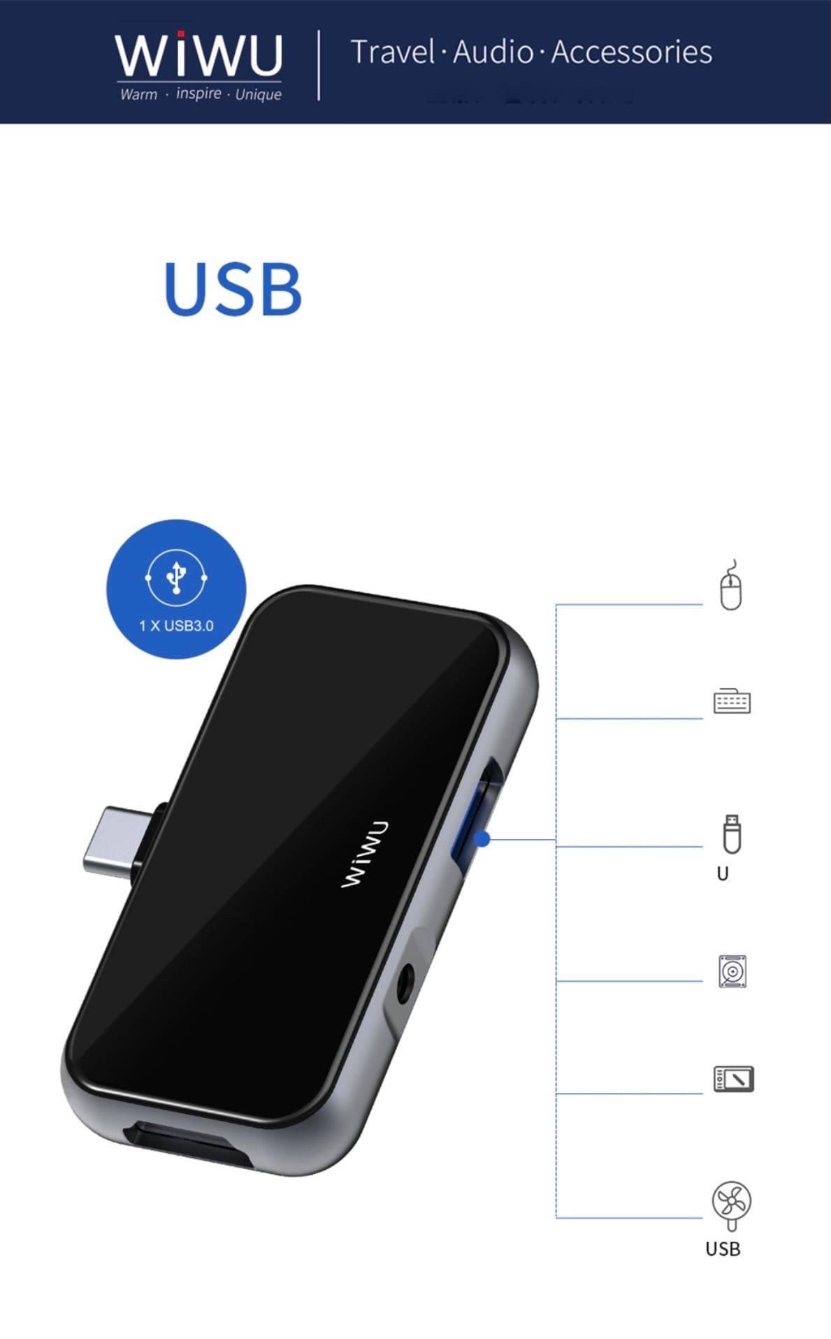 Hub WiWu Alpha 4 In 1 USB-C T5 Pro Vỏ Hợp Kim Nhôm, Cảm Ứng Thoải Mái, Mở Rộng Nhiều Cổng - Hàng Chính Hãng