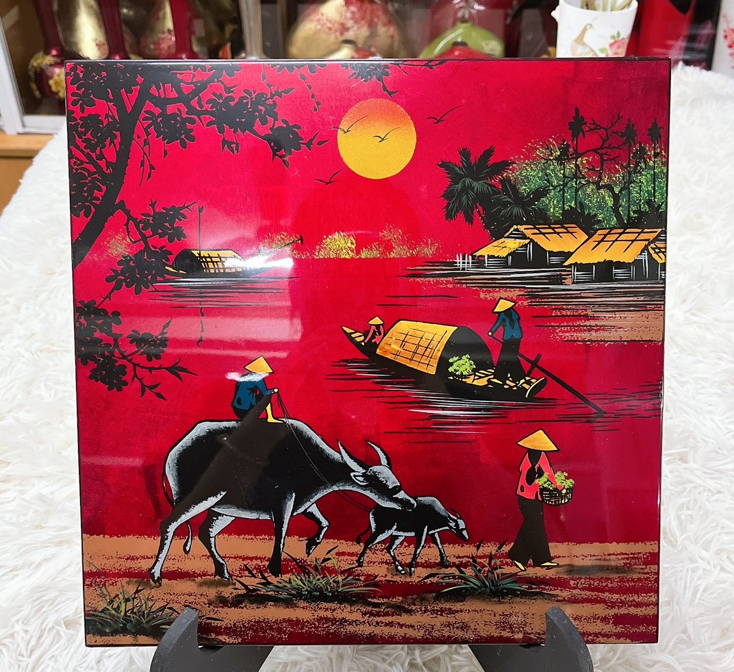 Tranh sơn mài đồng quê vẽ vàng, hàng xuất khẩu 30x30 cm