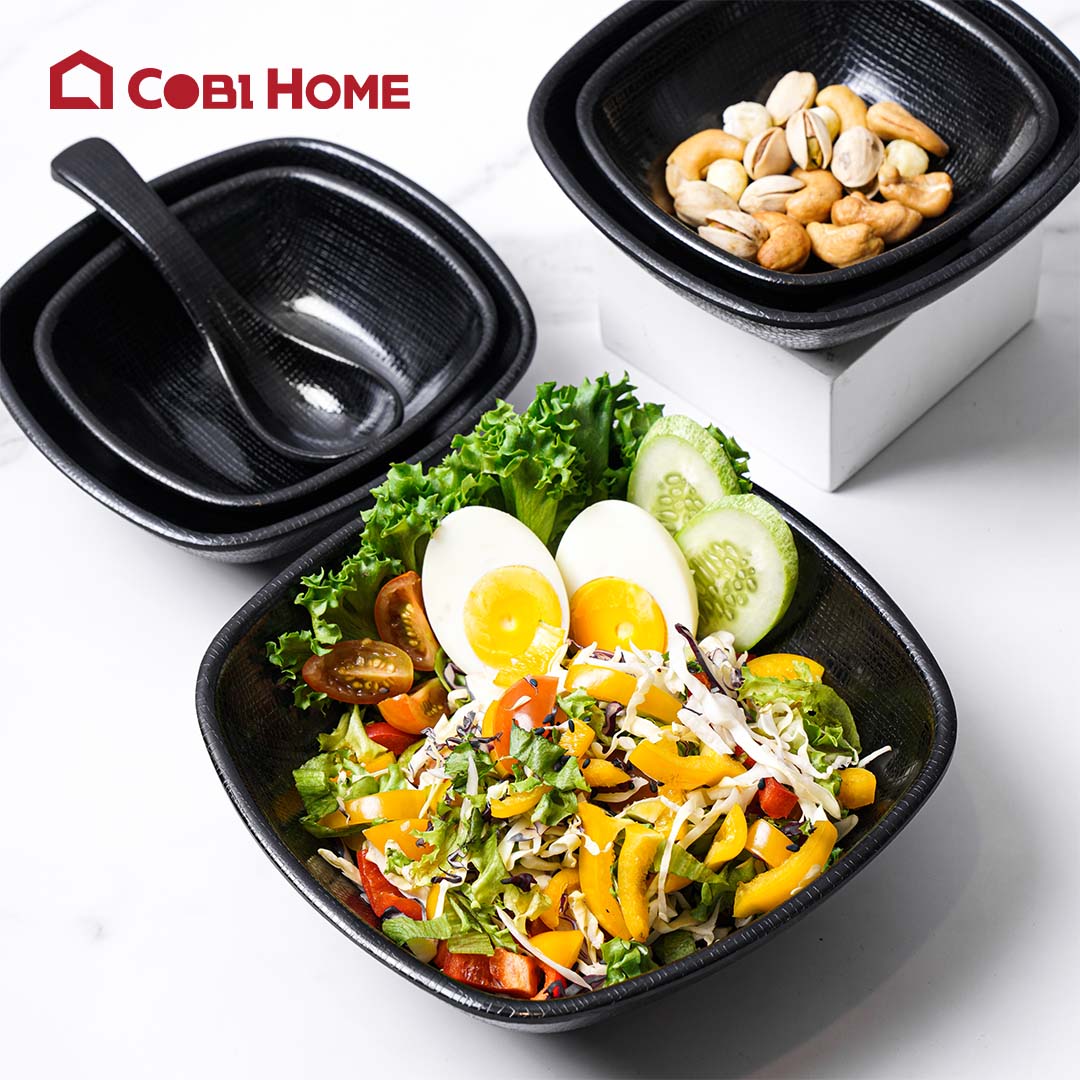 Tô, chén, bát hình vuông bằng melamine cao cấp màu đen - 2 size