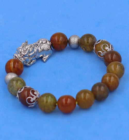 Vòng chuỗi đeo tay Đá Vân Rồng Nâu Vàng size 10 ly mix Tỳ Hưu inox VVRTHVHKHB10