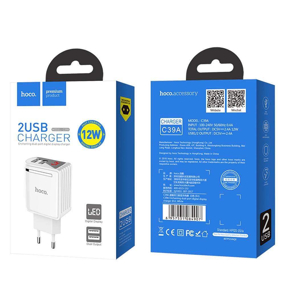CÓC SẠC NHANH 2 CỔNG USB 2.4A HOCO C39 - MÀN HÌNH LED - MÀU ĐEN/ TRẮNG - HÀNG CHÍNH HÃNG