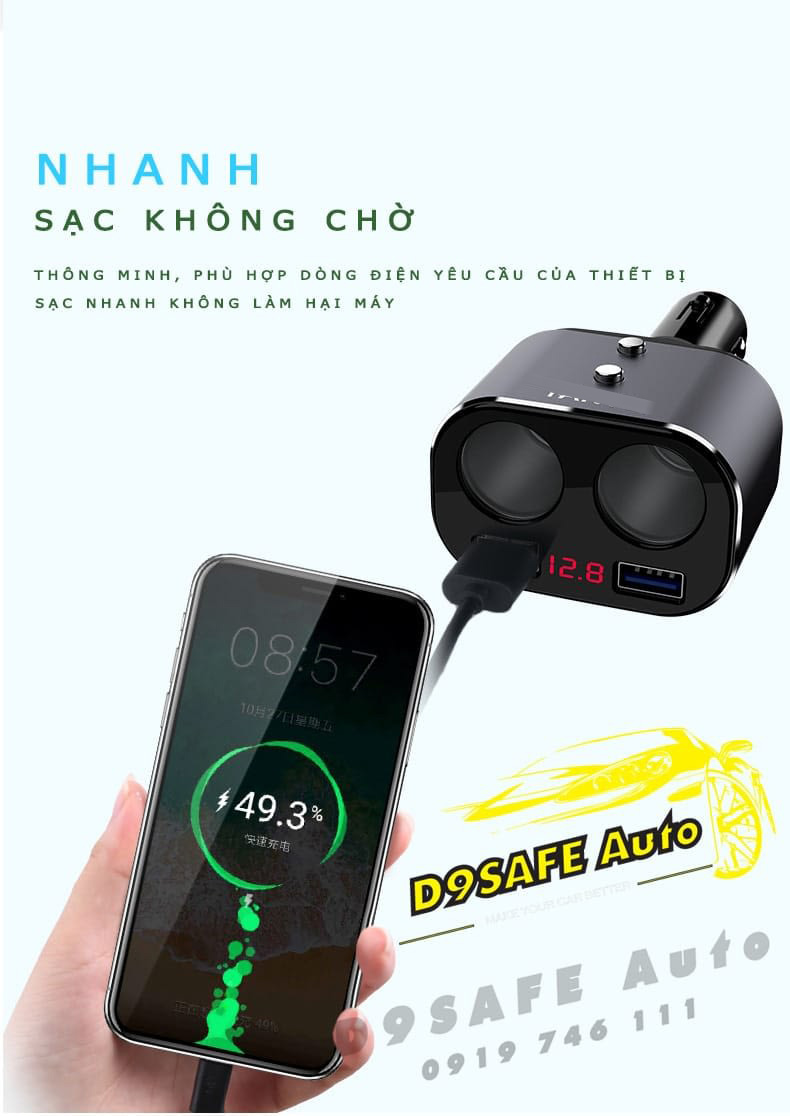 TẨU SẠC DÀNH CHO XE HƠI 2USB CAO CẤP, 360 ĐỘ, 3.1A, 80W, 6 CHẾ ĐỘ BV, HK. NHÔM