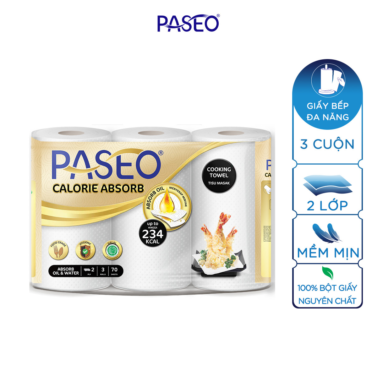 Giấy bếp đa năng Paseo Calorie Absorb 3 cuộn 2 lớp