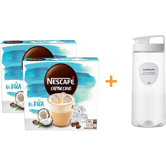 [Tặng 1 bình nước Lock&amp;Lock 1.2L] Combo 2 hộp cà phê hòa tan Nescafé Cappuccino vị dừa bao bì mới (Hộp 10 gói x 20g)