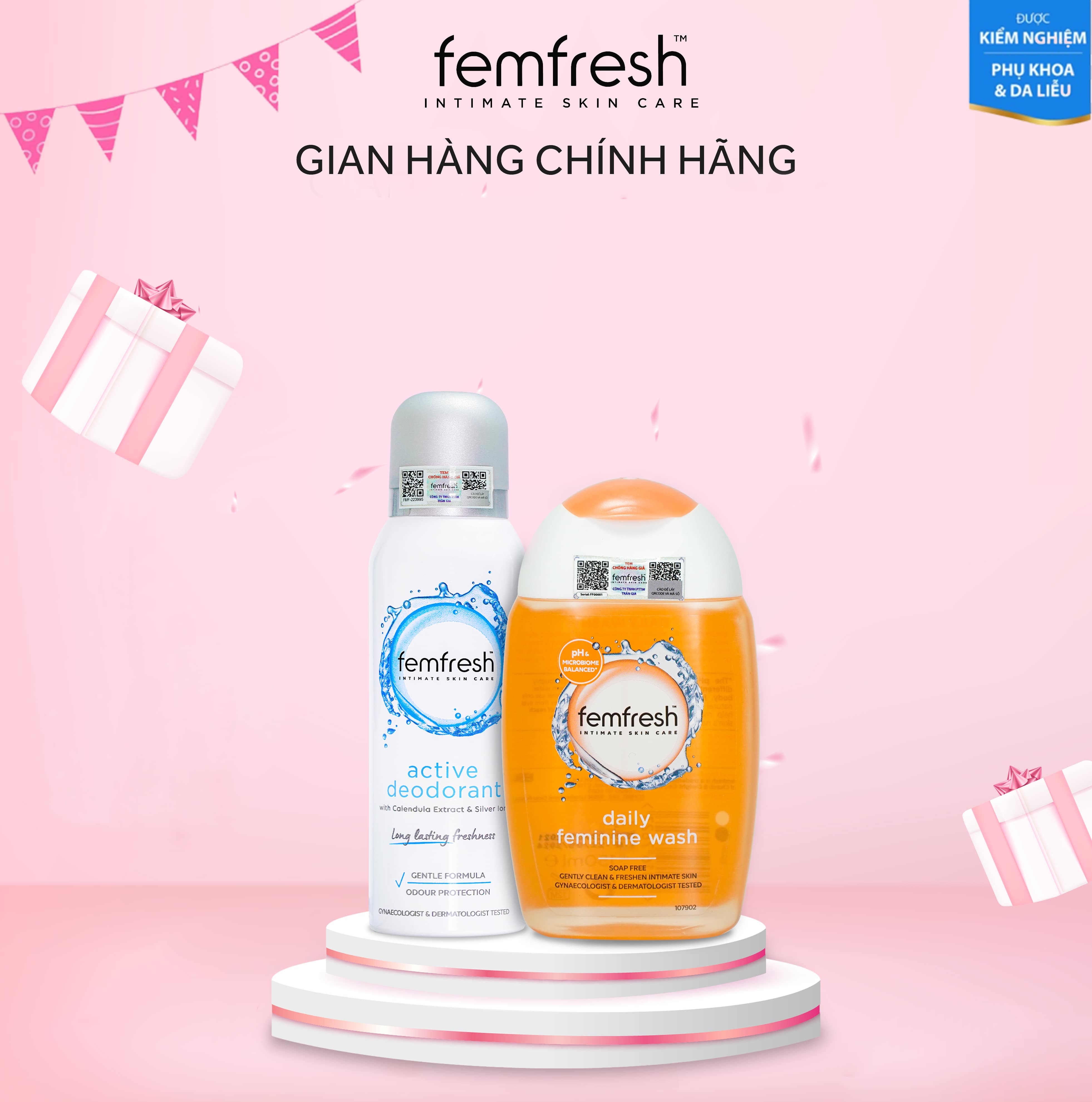Bộ Đôi Dung Dịch Vệ Sinh Phụ Nữ Femfresh Daily Wash 150ml & Xịt Thơm Mát Khử Mùi "Cobe" Femfresh Active Deodorant 125ml