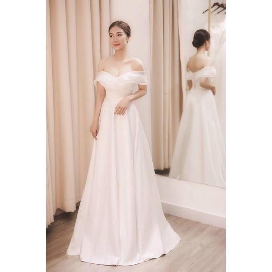 Ảnh thật Đầm váy maxi mặc cưới phi nhật dày dặn đuôi dài trắng đỏ cúp ngực trễ vai đi biển dự tiệc dạo phố bigsize