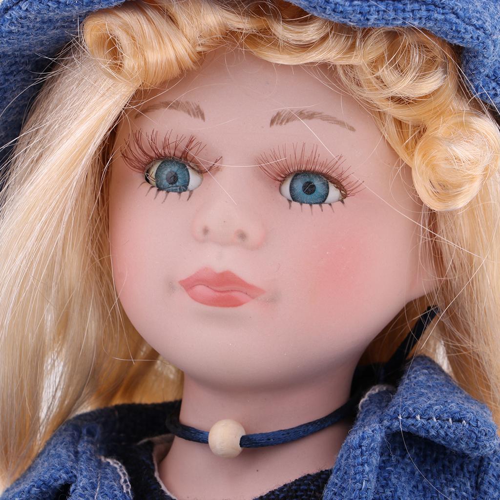 40cm Porcelain Curly Girl Doll People Figures with Blue Dress Hat Gifts