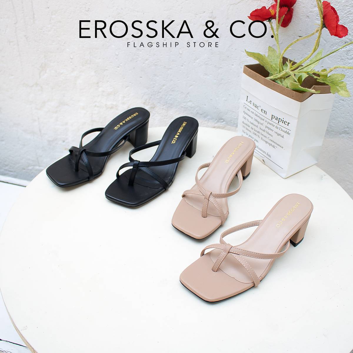 Dép cao gót Erosska xỏ ngón phối dây kiểu dáng Hàn Quốc cao 5cm EM075