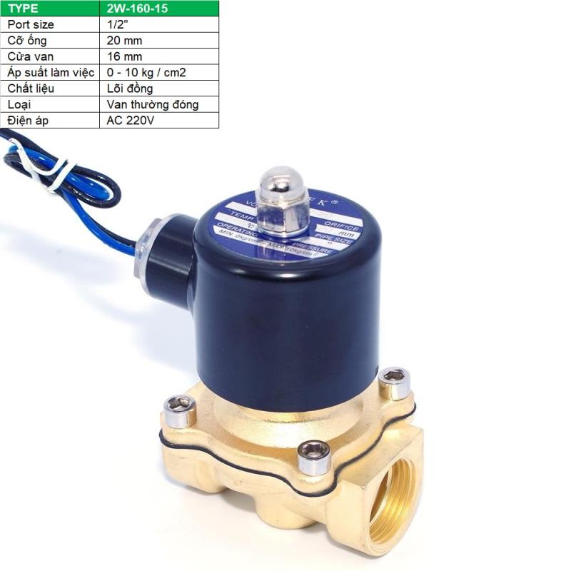 Van điện từ 2W-160-15 1/2", Φ21 mm, lõi đồng AC 220V, Solenoid valve