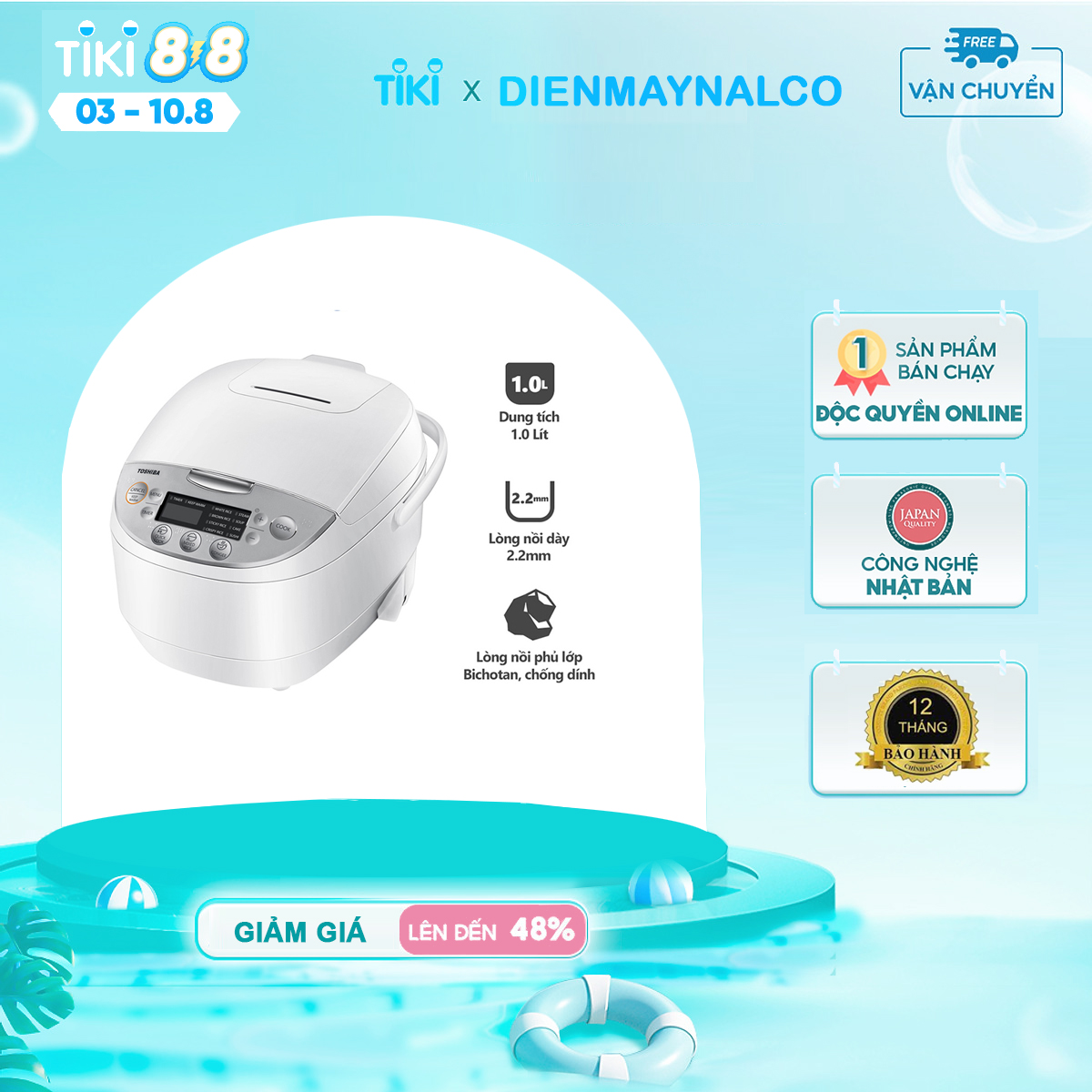 Nồi cơm điện tử Toshiba RC-10DH2PV(W) - Dung tích 1.0 Lít - Lòng nồi dày 2.2 mm - Nồi giữ ấm 12 tiếng - Hàng chính hãng