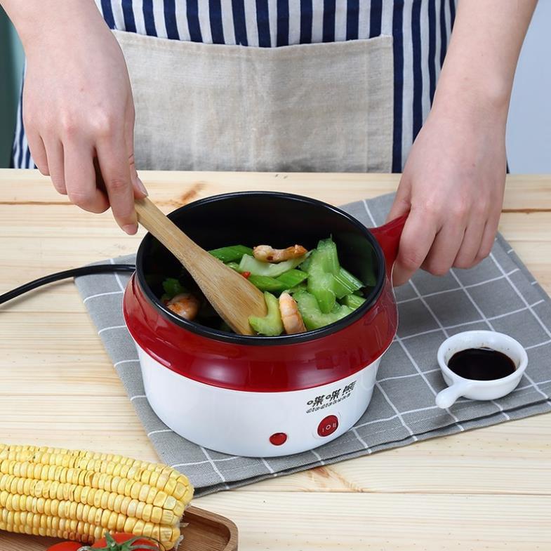 Nồi Lẩu Mini Ca Nấu Mì Điện Đa Năng 18cm Có Tay Cầm Tiện Dụng - Tặng Kèm Xửng Hấp Inox 2 Tầng Cao Cấp