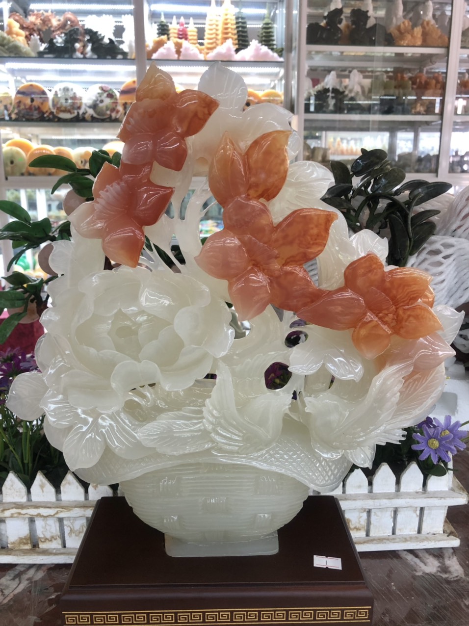 Phù điêu tượng hoa mẫu đơn phong thủy và chim đá ngọc vân đỏ trang trí phòng khách và bàn làm việc
