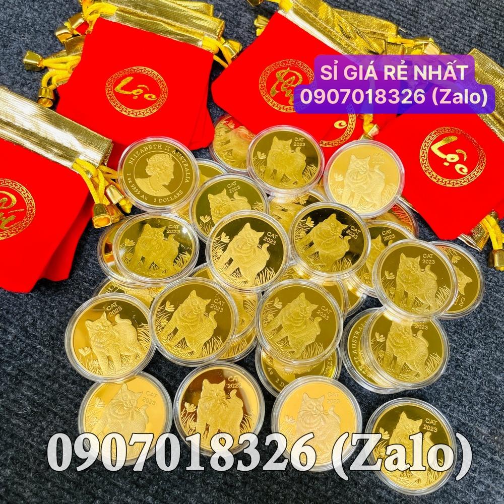 10 Đồng Xu Hình Mèo Vàng của Úc phát hành Tết 2023 - túi LỘC gấm đỏ tặng kèm mỗi xu NELI