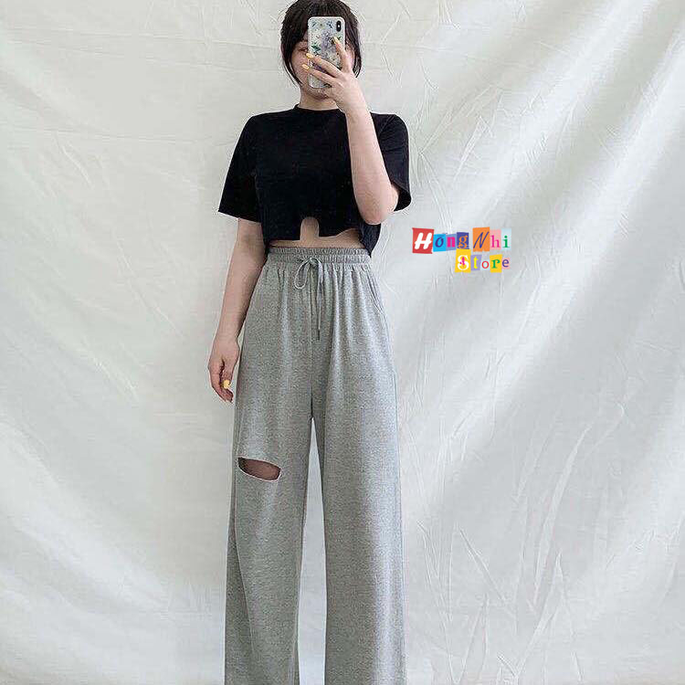 Quần Ống Rộng Rách Gối Màu Xám Lưng Thun Culottes Ulzzang Unisex - MM