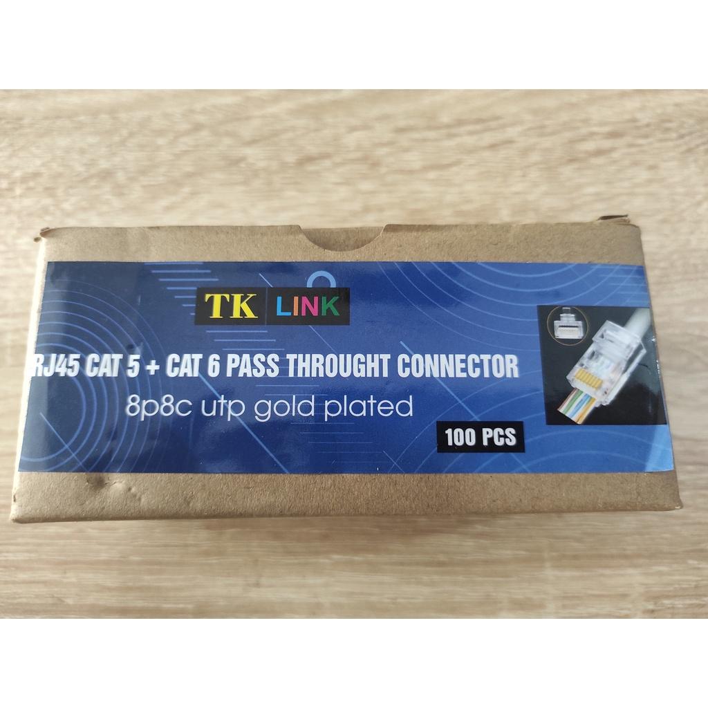 Hộp 100 Đầu Bấm Mạng Rj45 CAT 5 + Cat 6 TK Link Xuyên Thấu