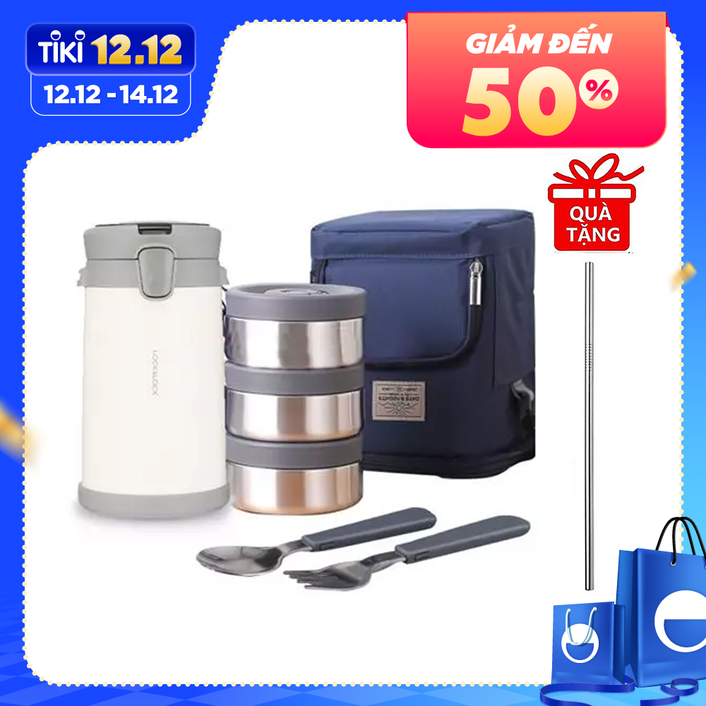 Bộ Hộp Cơm Giữ Nhiệt Lock&amp;Lock Easy Carry 2L LHC8039 Có Túi (1 Hộp 720ml, 2 Hộp 420ml Kèm 1 Bộ Muỗng Và Nĩa) Tặng kèm Ống Hút Inox 304