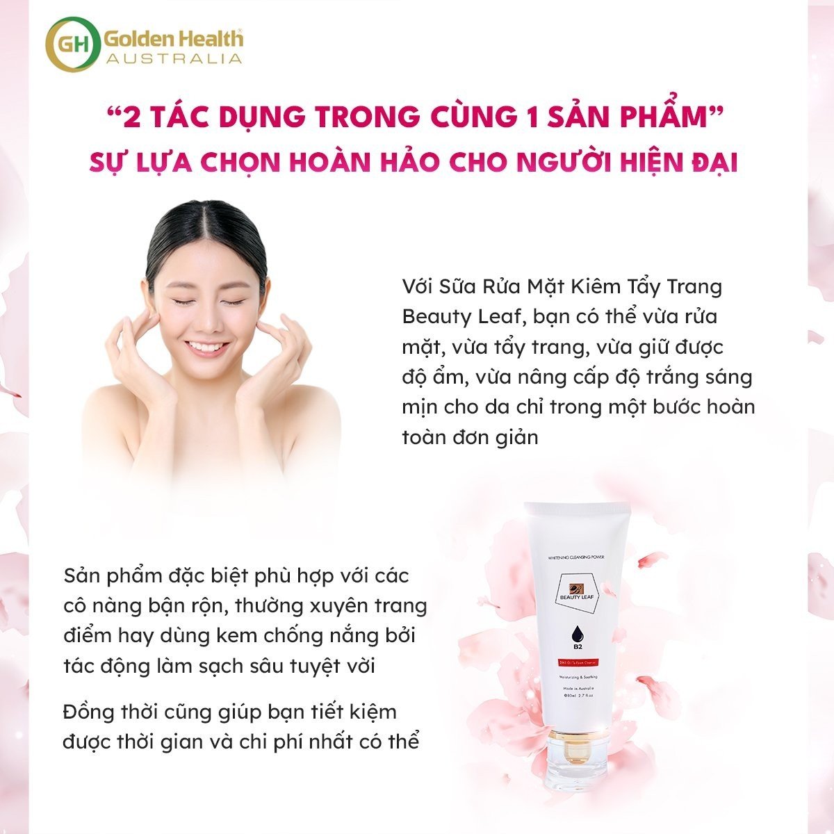 Sữa Rửa Mặt Kiêm Tẩy Trang 2 Trong 1, Làm Sạch Sâu, Sáng Da, Cấp Ẩm Và Giúp Da Căng Mịn Không Gây Khô Da Beauty Leaf 80ml - Nhập Khẩu Chính Ngạch Từ Úc