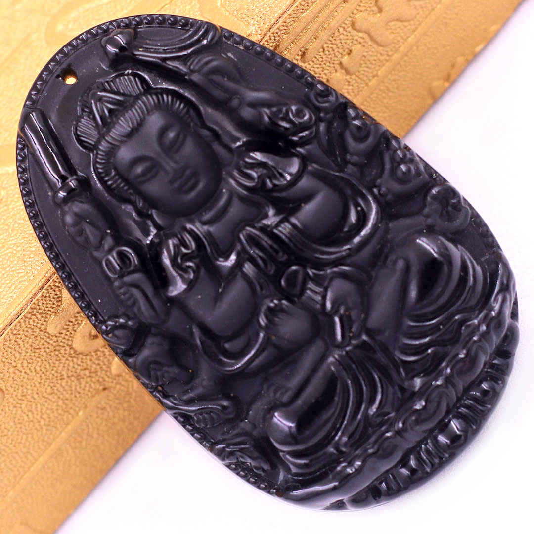 Mặt Phật Thiên thủ thiên nhãn đá thạch anh đen 3.6 cm kèm móc và dây chuyền inox, Mặt Phật bản mệnh, Quan âm nghìn tay nghìn mắt