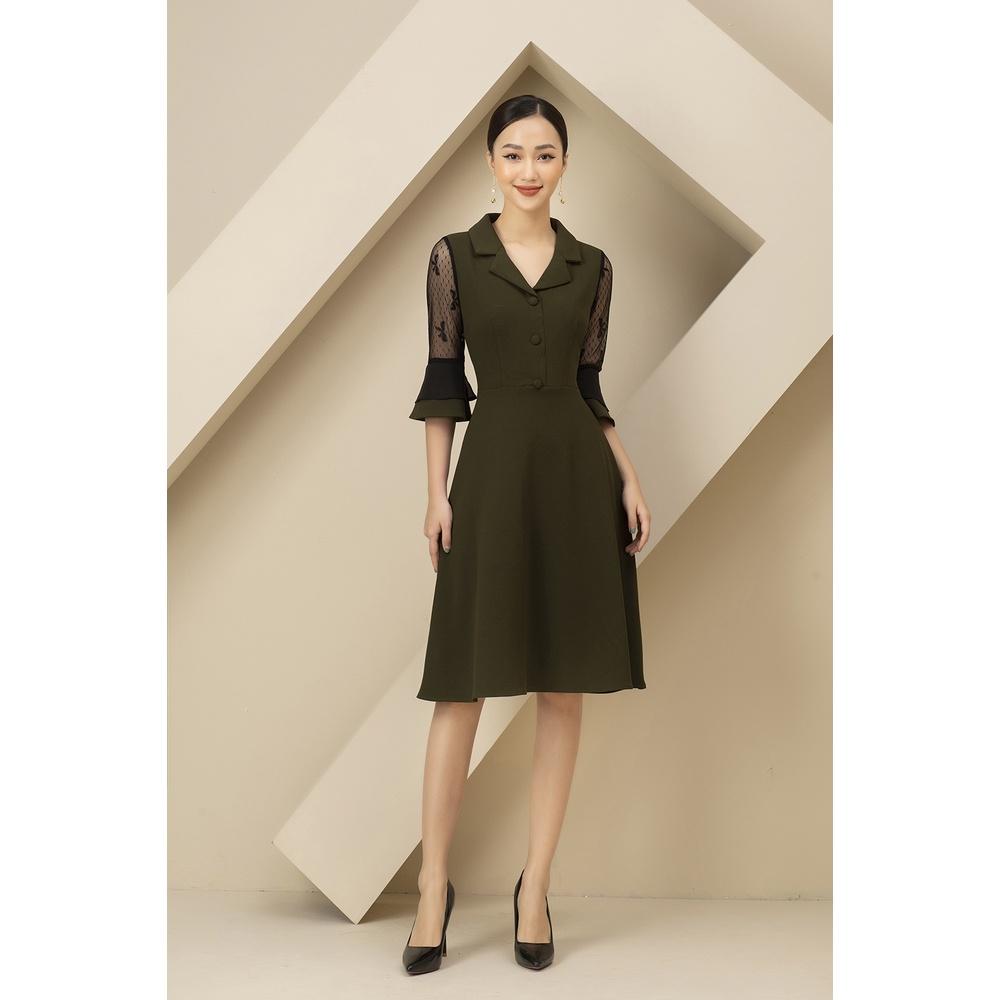 Đầm Nữ Công Sở LUPERI LFV398 Dáng Xòe Cổ Ve Phối Ren Cao Cấp