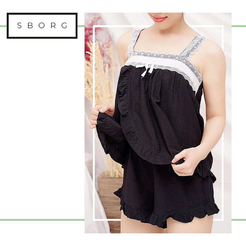 Đồ bộ mặc nhà SBORG bộ đồ ngủ 2 dây chất liệu xô Hàn quốc viền ren vạt áo đắp chéo sexy phồi quần viền bèo đáng yêu freesize dưới 56kg quà tặng Vợ, thoải mái mặc ngủ hoặc ở nhà