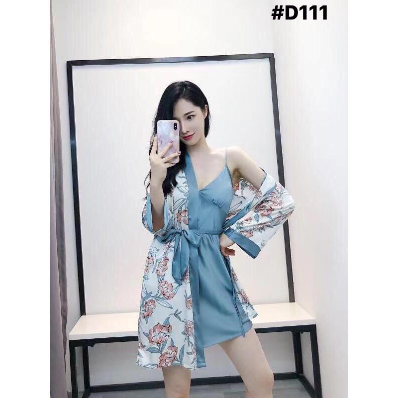Set Đầm Ngủ Lụa D111 2 Dây Phối Áo Choàng Hoạ Tiết  Sang Trọng