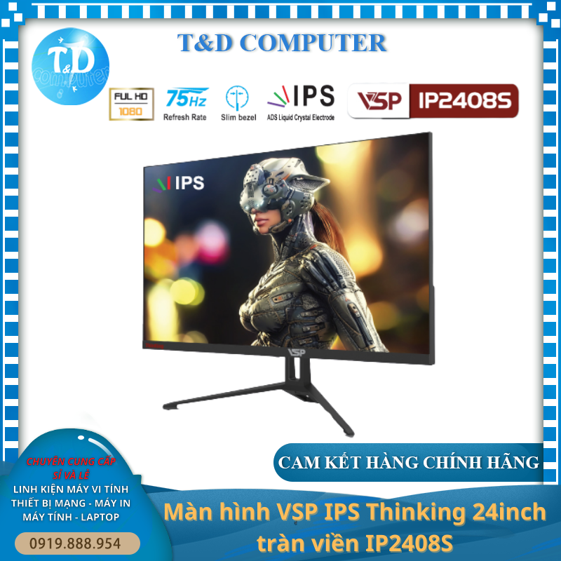 Màn hình Tràn viền Gaming 24inch VSP IP2408S (23.8&quot; IPS FHD 75Hz, HDMI+VGA+Audio 3.5) - Hàng chính hãng TECH VISION phân phối