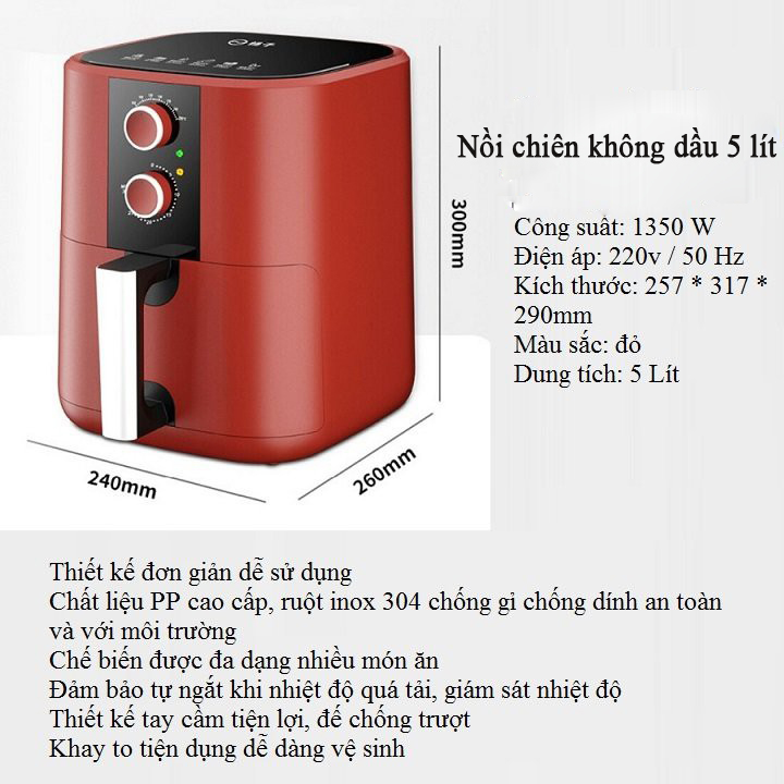 Nồi Chiên Không Dầu Thế Hệ Mới Dung Tích Lớn (5 lít )