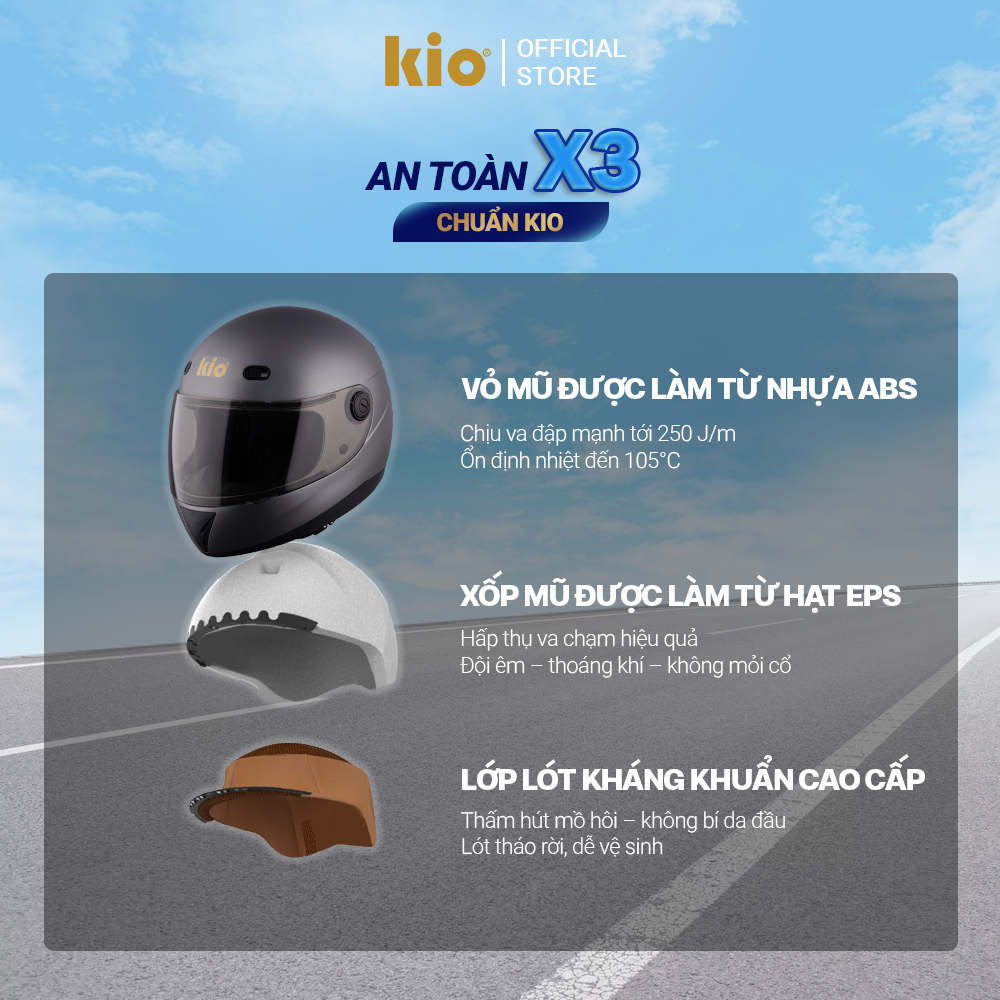 Mũ Bảo Hiểm Fullface Kio SafeStyle Rider KN09K, Kính Dài Phủ Nano Chống Tia UV, Lót Kháng Khuẩn Thoáng Khí - Xám Titan (nhám)